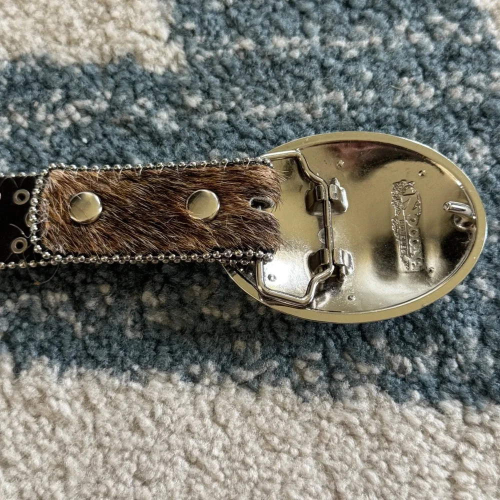 Nocona Cowgirls Rule Leather Belt Rhinestone Hair on Hide Brown Size 22